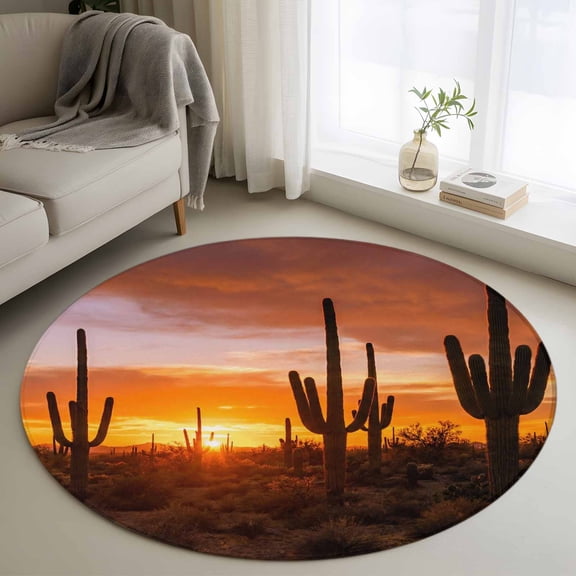 Small Round Rug 3Ft Washable Non-Slip, Western Cactus Sunset Circle Area Rugs for Living Room Bedroom, Modern Abstract Art Retro Indoor Floor Mats Carpet Runner for Home Decor
