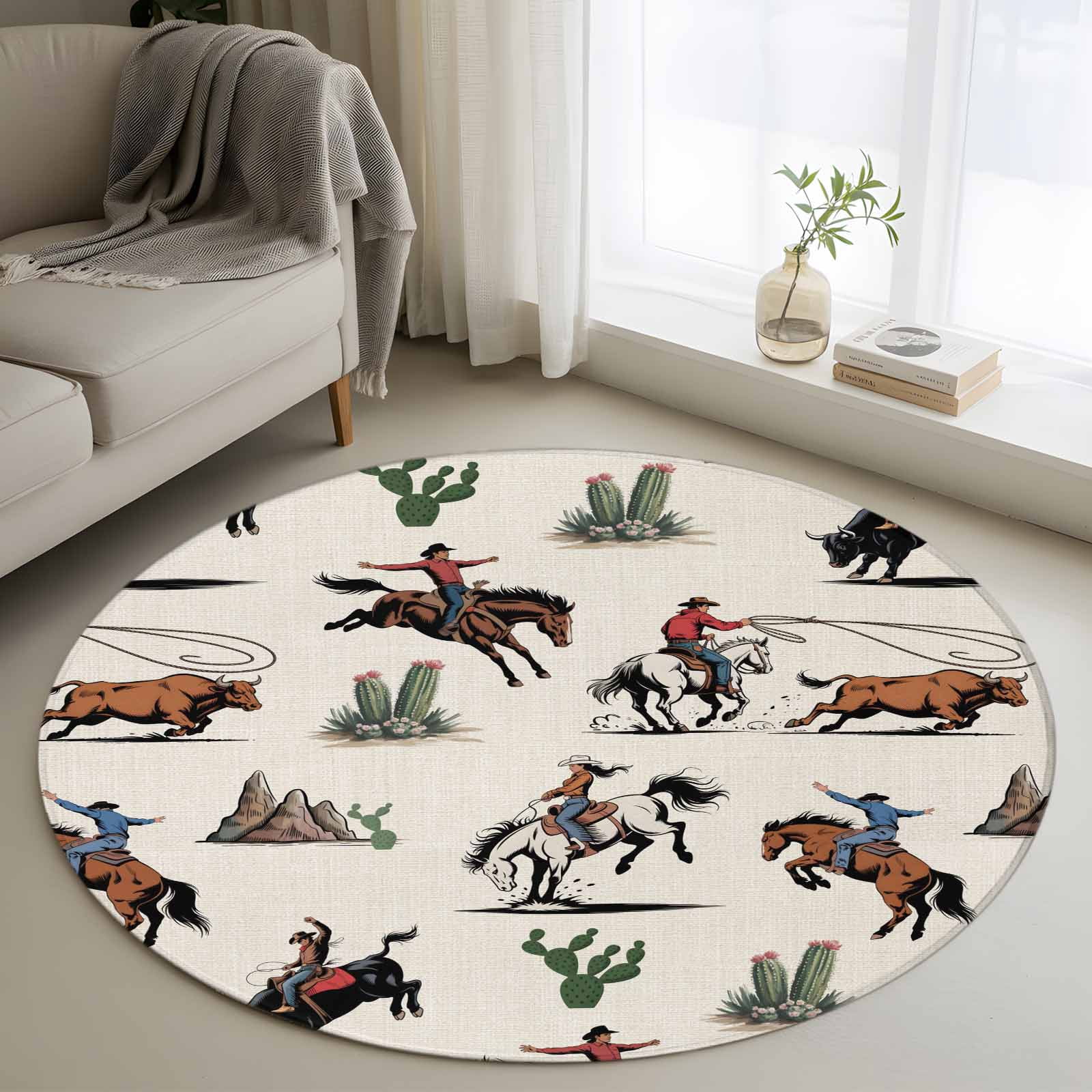 Small Round Rug 3Ft Washable Non-Slip, Western Cowboys Circle Area Rugs for Living Room Bedroom, Beige Vintage Country Cactus Indoor Floor Mats Carpet Runner for Home Decor
