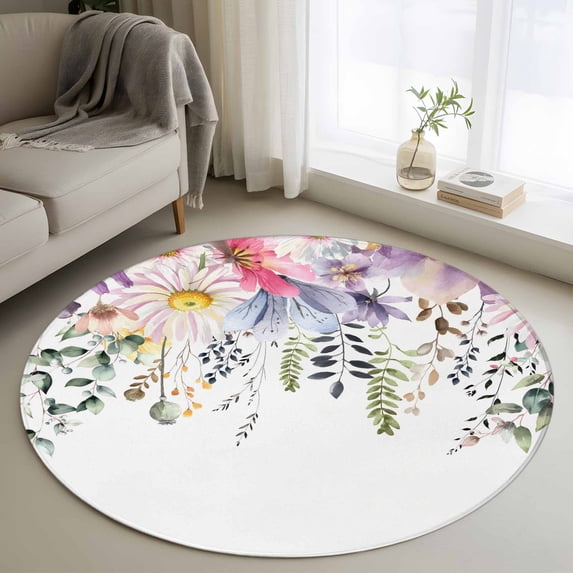 Small Round Rug 3Ft Washable Non-Slip, Wild Flowers Circle Area Rugs for Living Room Bedroom, Farmhouse Country Floral Leaf Plant Indoor Floor Mats Carpet Runner for Home Decor