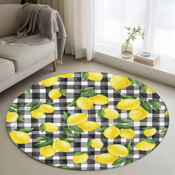 Small Round Rug 3Ft Washable Non-Slip, Yellow Lemons Circle Area Rugs for Living Room Bedroom, Summer Fruits Leaves Black White Buffalo Plaid Indoor Floor Mats Carpet Runner for Home Decor