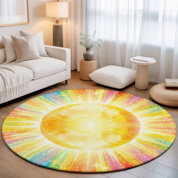 Small Round Rug 3Ft, Watercolor Sun Non-Slip Washable Circle Rugs Carpet, Cartoon Summer Colorful Rainbows Indoor Outdoor Rug Floor Mats Throw Runner for Bedroom Living Room Bathroom