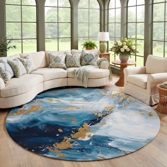 Small Round Rug 3ft, Blue Oil Painting Non-Slip Area Rug for Bedroom ...