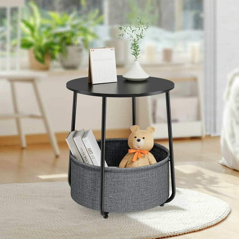EDX Small Round Side End Table Modern Nightstand with Fabric Basket for Living Room Bedroom Black