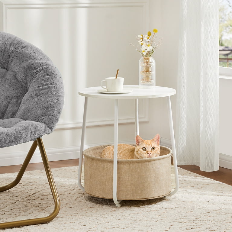 Small Round Side End Table For Living Room Modern Nightstand Bedside Table With Fabric Basket For Bedroom Nursery Side Table With Steel Frame