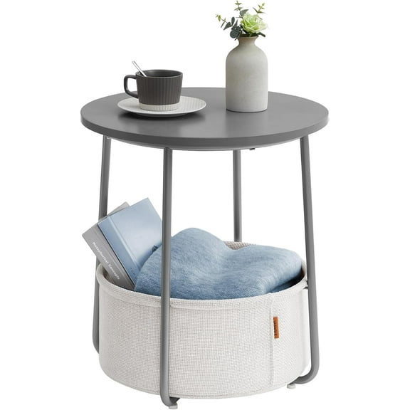 Small Round Side End Table, Modern Nightstand with Fabric Basket, Cement Gray and Cream White