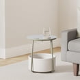 thumbnail image 1 of Small Round Side End Table - Modern Nightstand with Fabric Basket, Forest Green and Cream White, 1 of 8