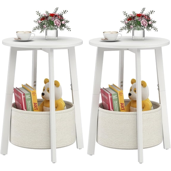 Small Round Side End Table Set of 2 with Cloth Storage Basket, Round Bedside Sofa Couch Coffee Tables for Small Places with Metal Frame, Modern Nighstands for Living Room Bedroom,White
