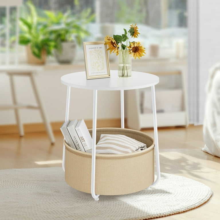 EDX Small Round Side End Table, Modern Nightstand with Fabric Basket for Living Room, Bedroom, White EDX Small Round Side End Table, Modern Nightstand with Fabric Basket for Living Room, Bedroom, White
