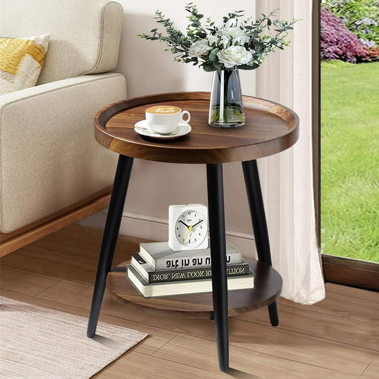 Small Round Side Table 2 Tier Mid Century Modern Side Table Round End Table Small Side Table for Living Room Metal Frames Brown Walmart