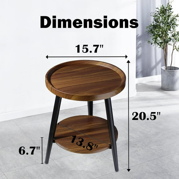 Small Round Side Table, 2-Tier Mid Modern End Table with Metal Frame, Brown
