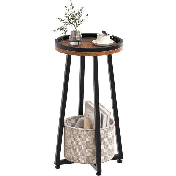 Small Round Side Table, 2-Tier Round Sofa End Table, Compact Nightstand with Cotton Linen Storage Basket, for Small Space, Living Room, Bedroom, Dorm, Rustic Brown BF183BZ01