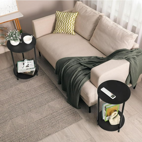 Small Round Side Table, 2 Tiers Farmhouse End Tables, Set of 2 Accent Tables for Small Spaces, Black
