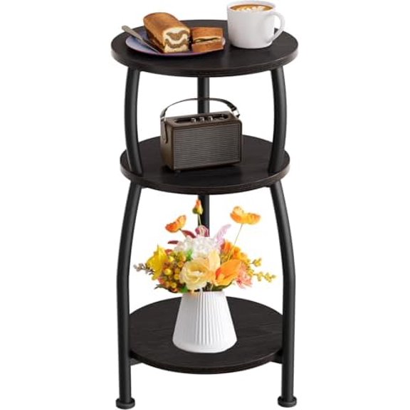 Small Round Side Table, 3-Tier End Table with Storage Shelf, Slim Sofa Table Coffee Table, Sturdy & Easy Assemble Nightstand for Small Spaces, Living Room Bedroom Corner, Black