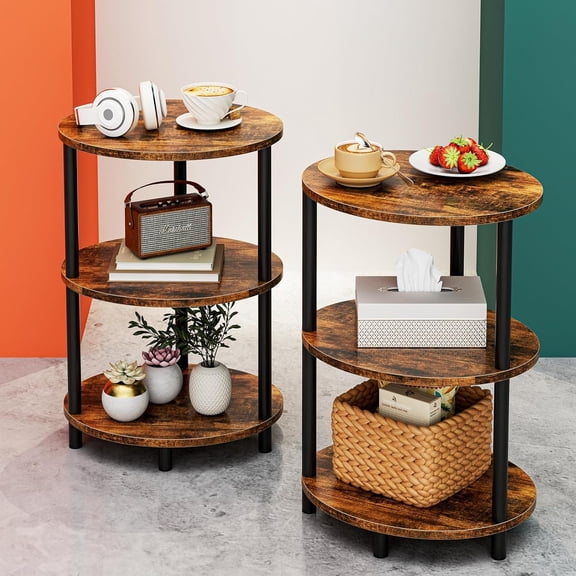 Small Round Side Table - 3-Tier Oval Accent Table for Small Spaces, Rustic Wood and Metal Couch End Table, Nightstand for Bedroom or End Table Living Room, Set of 2, Rustic Brown