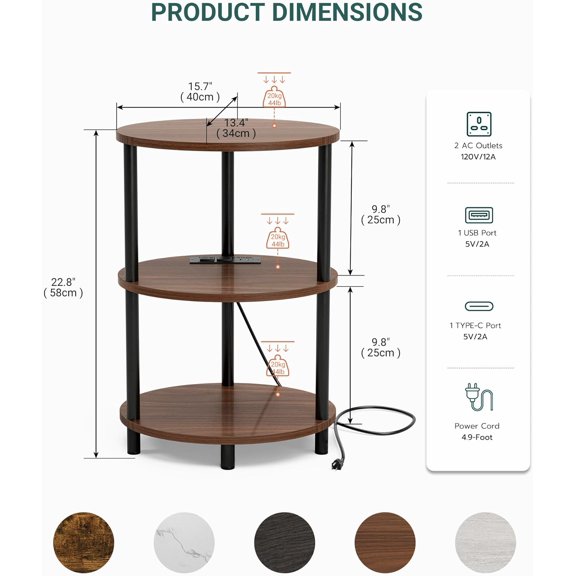 Small Round Side Table - 3-Tier Oval Accent Table for Small Spaces, Rustic Wood and Metal Nightstand for Living Room or Bedroom, with Built-in USB Ports and Power Outlet, Rustic Walnut