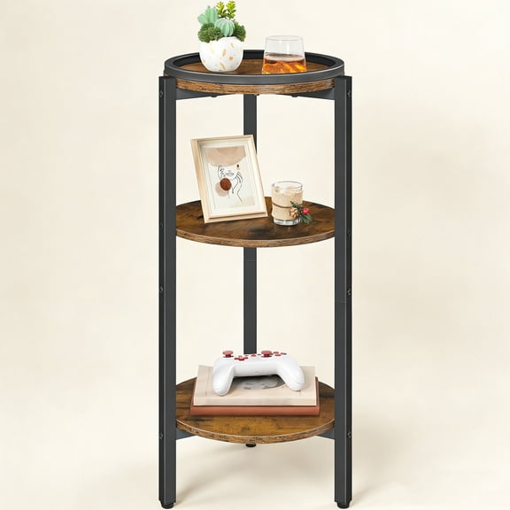 Small Round Side Table, 3-Tier Tall Coffee Drink Table for Sofa Couch, 28.7" H Slim Nightstand, Circle Wooden Accent Table for Living Room, Corner, Bedroom, Rustic Brown