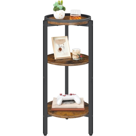 Small Round Side Table, 3-Tier Tall Coffee Drink Table for Sofa Couch, 28.7" H Slim Nightstand, Circle Wooden Accent Table for Living Room, Corner, Bedroom, Rustic Brown