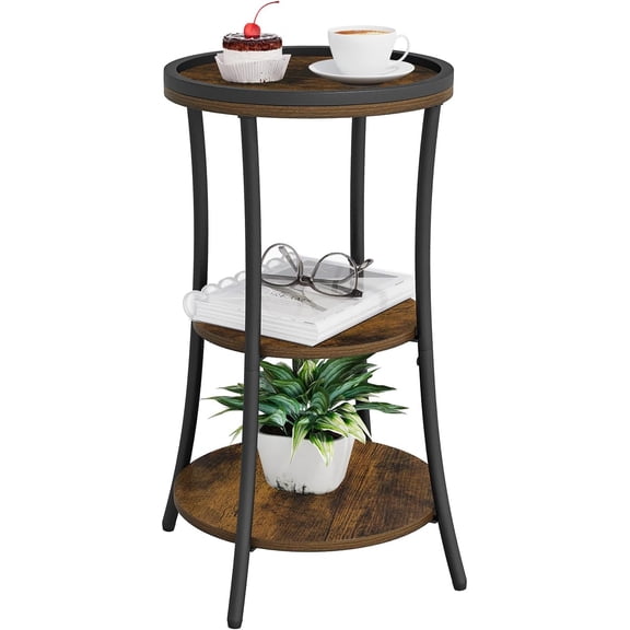 Small Round Side Table, 3-Tier Wood End Table, Slim Waist Nightstand for Small Spaces, Corner Coffee Table Accent Table for Living Room, Bedroom, Sofa Couch