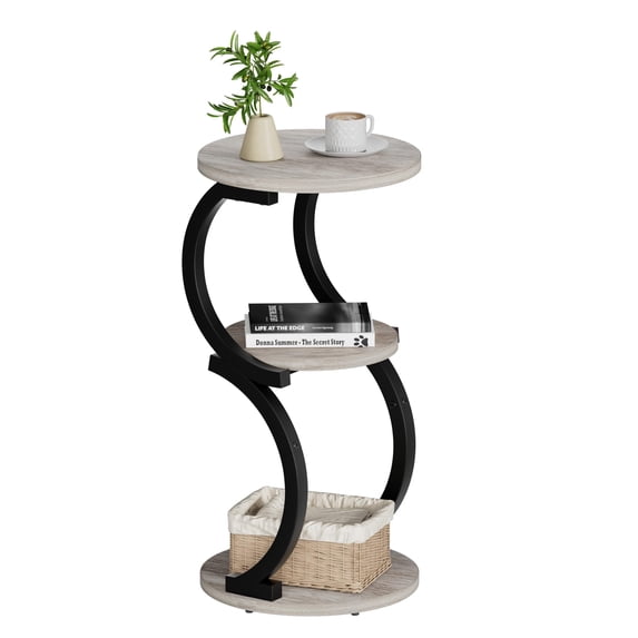 Small Round Side Table 3-tier End For Living Room Vintage Nightstand Spaces Sofa Couch Corner Bedside Bedroom S-shaped Wood Accent Metal Coffee Greige