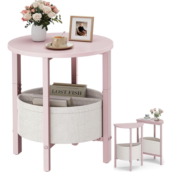 Small Round Side Table, Accent End Table with Storage Basket, Set of 2 Half Round Coffee Table End Table, Half Moon Bedside Table, Modern Nightstand Couch Table for Living Room Bedroom, Pink