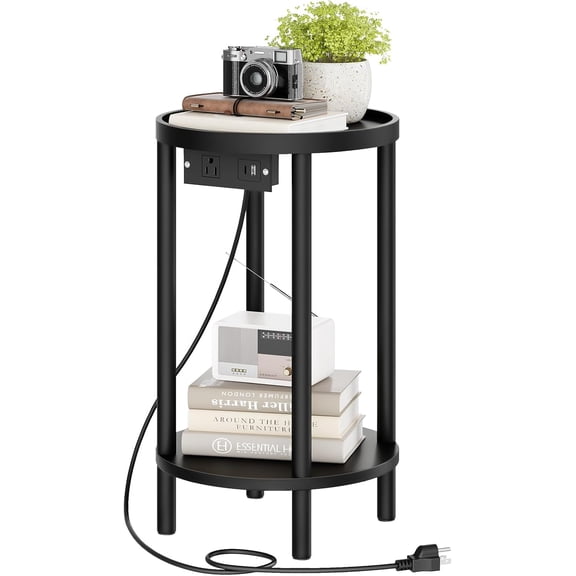 Small Round Side Table with Charging Station, 2-Tier Round Bamboo End Table, Compact Sofa Bedside Table for Small Space, Easy Assembly, for Living Room, Bedroom, Apartment, Black BB156UBZ01