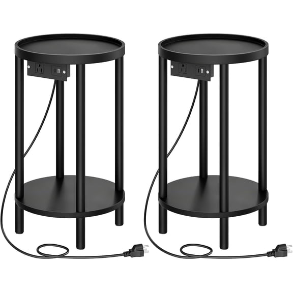Small Round Side Table with Charging Station, 2-Tier Round Bamboo End Table, Compact Sofa Bedside Table for Small Space, Easy Assembly, for Living Room, Bedroom, Apartment