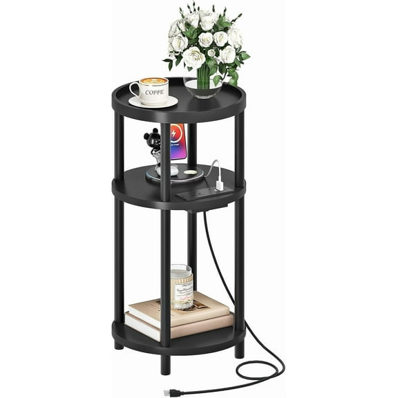 Small Round Side Table with Charging Station, 3-Tier Round Bamboo End Table, Compact Sofa Bedside Table for Small Space, Easy Assembly, for Living Room, Bedroom, Apartment, Black BB152UBZ01