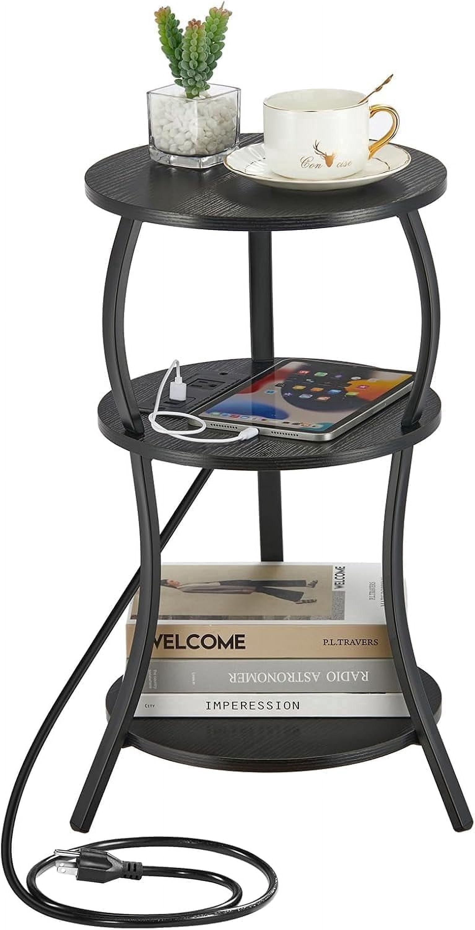 ZEXVIDA Small Round Side Table with Charging Station, 3-Tier Waist Circular End Table with Storage Shelf,  Sofa Side Table Small Spaces, Round Corner Coffee Table for Living Room Bedroon,Black