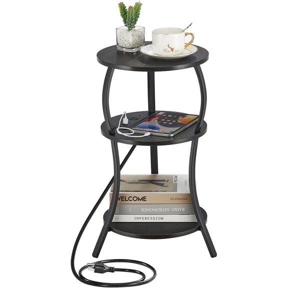 ZEXVIDA Small Round Side Table with Charging Station, 3-Tier Waist Circular End Table with Storage Shelf, Sofa Side Table Small Spaces, Round Corner Coffee Table for Living Room Bedroon,Black