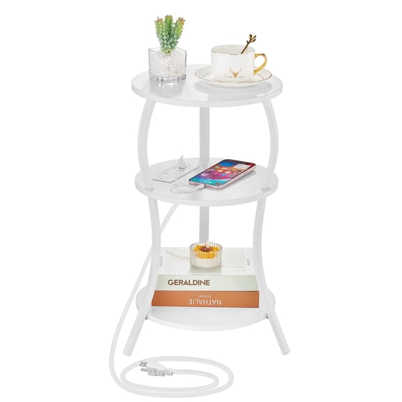 ZEXVIDA Small Round Side Table with Charging Station, 3-Tier Waist Circular End Table with Storage Shelf, Tea Sofa Side Table Small Spaces, Round Corner Coffee Table for Living Room Bedroon,White