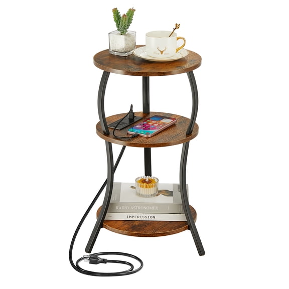 Small Round Side Table with Charging Station, 3-Tier Waist Circular End Table with Storage Shelf, Compact Tea Sofa Side Table Small Spaces, Round Corner Coffee Table for Living Room Bedroon,Brown