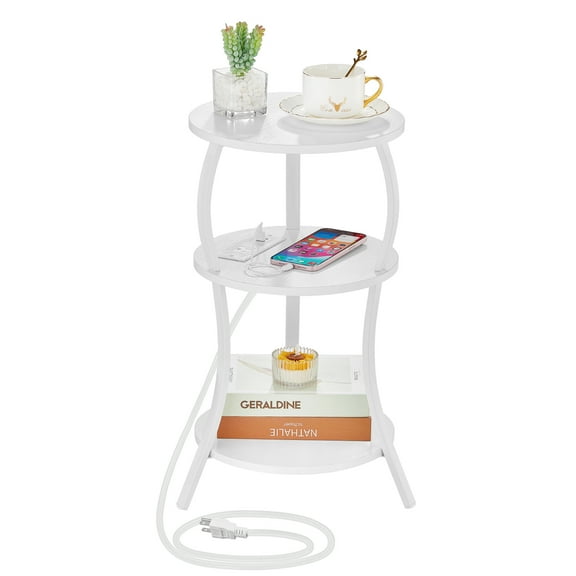 Small Round Side Table with Charging Station, 3-Tier Waist Circular End Table with Storage Shelf, Compact Tea Sofa Side Table Small Spaces, Round Corner Coffee Table for Living Room Bedroon,White