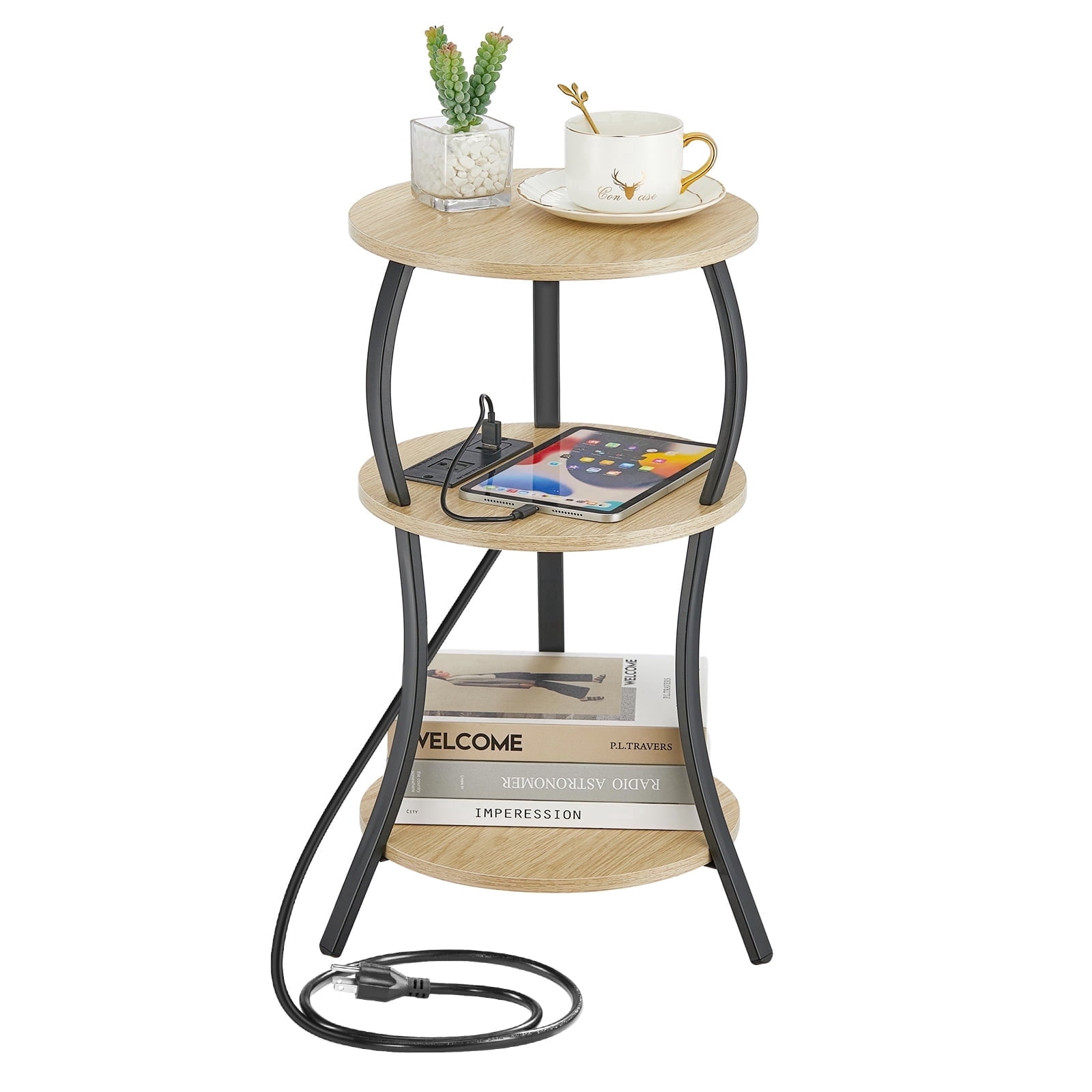 Small Round Side Table with Charging Station, 3-Tier Waist Circular End Table with Storage Shelf, Compact Tea Sofa Side Table Small Spaces, Round Corner Coffee Table for Living Room Bedroon,oak