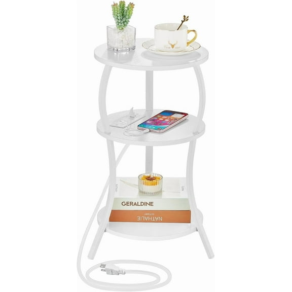 Small Round Side Table with Charging Station, 3-Tier Waist Circular End Table with Storage Shelf, Compact Tea Sofa Side Table Small Spaces, Round Corner Coffee Table for Living Room Bedroon