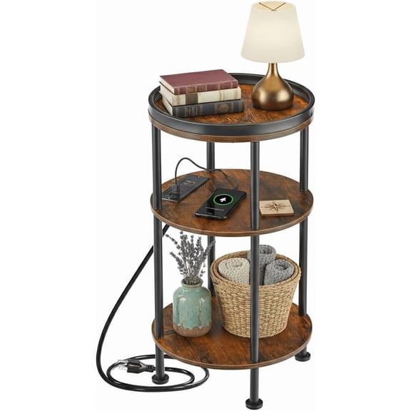 Small Round Side Table with Charging Station for Small Spaces, 3-Tier Round Accent Table with USB Ports & Power Outlets, Corner Table Sofa End Table for Living Room Bedroom (USB Charger, Rustic Brown