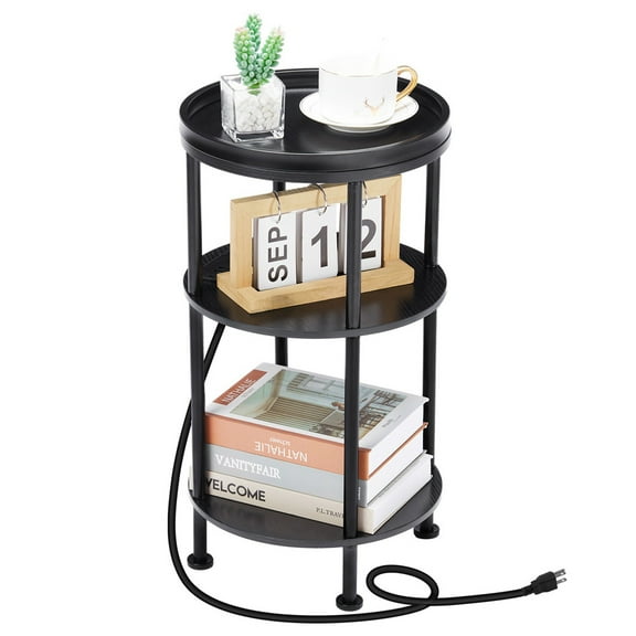 Small Round Side Table with Charging Station for Small Spaces, 3-Tier Round Accent Table with USB Ports & Power Outlets,Round Corner Table Tea Sofa Side Table for Living Room Bedroom Apartment, Black