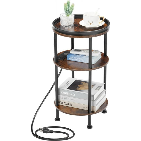 Small Round Side Table with Charging Station for Small Spaces, 3-Tier Round Accent Table with USB Ports & Power Outlets, Round Corner Table Tea Sofa Side Table for Living Room Bedroom (Rustic Brown)