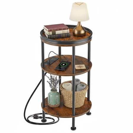 Small Round Side Table with Charging Station for Small Spaces, 3-Tier Round Accent Table with USB Ports & Power Outlets, Round Corner Table Tea Sofa Side Table for Living Room Bedroom (Rustic Brown)
