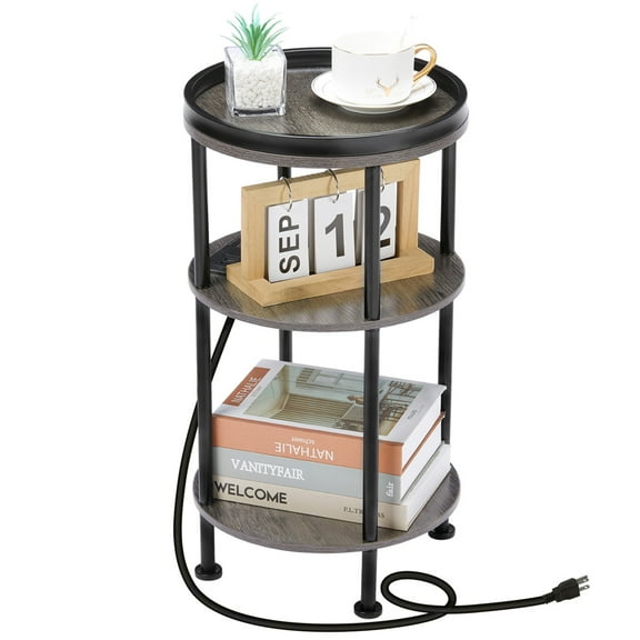 Small Round Side Table with Charging Station for Small Spaces, 3-Tier Round Accent Table with USB Ports & Power Outlets, Round Corner Table Tea Sofa Side Table for Living Room Bedroom Apartment, Grey