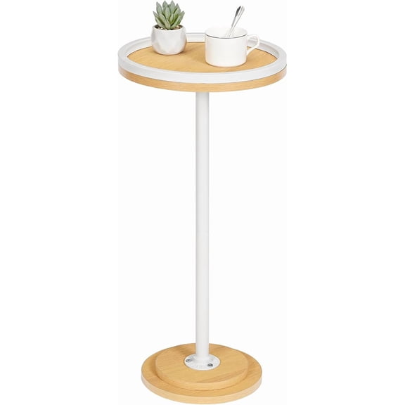 Small Round Side Table, Drink Table, Coffee Martini Table with Pedestal Accent for Small Spaces in Living Room, Bedroom, Sofa Couch, Natural and White