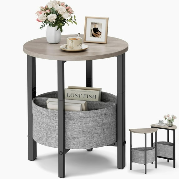 Small Round Side Table End Table, Tall Accent Table with Storage Basket, Set of 2 Half Round Tables Half Moon Tables, Coffee Bedside Tables, Modern Nightstand for Living Room Bedroom