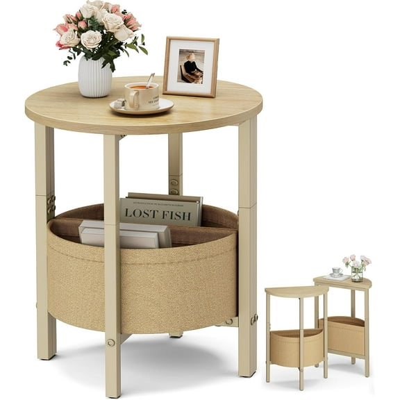 Small Round Side Table End Table, Tall Accent Table with Storage Basket, Set of 2 Half Round Tables Half Moon Tables, Coffee Bedside Tables, Modern Nightstand for Living Room Bedroom,Natural
