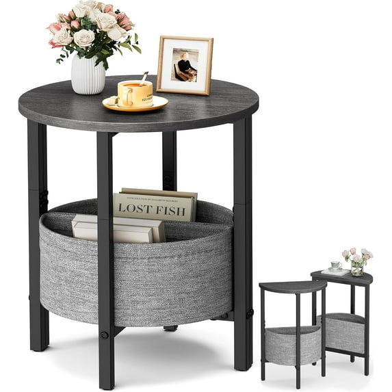 Small Round Side Table End Table, Tall Accent Table with Storage Basket, Set of 2 Half Round Tables Half Moon Tables, Coffee Bedside Tables, Modern Nightstand for Living Room Bedroom