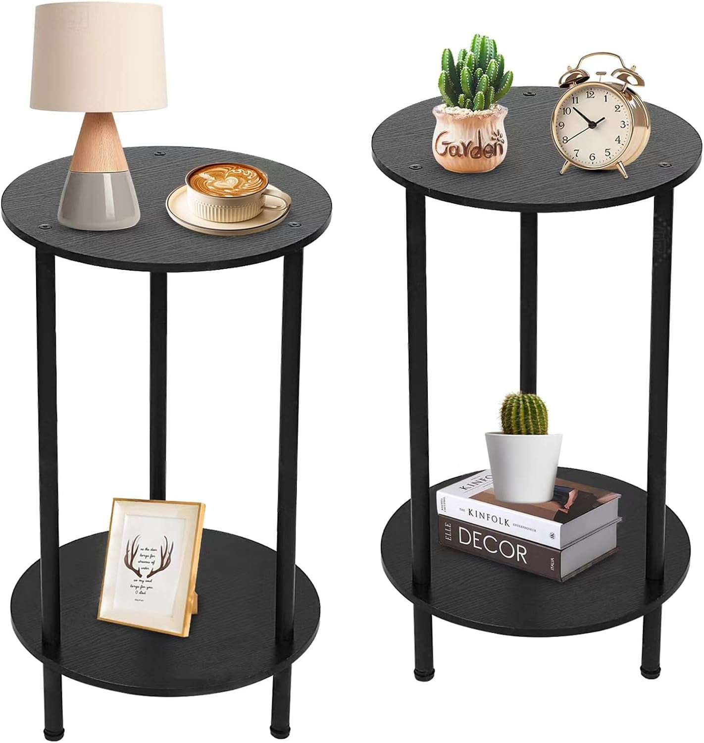 Small Round Side Table, End Tables Living Room Set of 2, Black Night ...