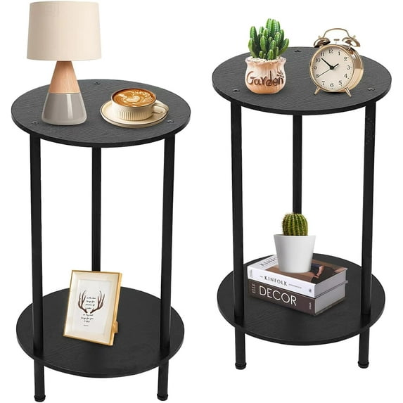 Small Round Side Table, End Tables Living Room Set of 2, Black Night Stands for Bedrooms, Small Side Table for Small Spaces,2 Tiers Modern Side Table with Storage Shelf, Easy to Assemble
