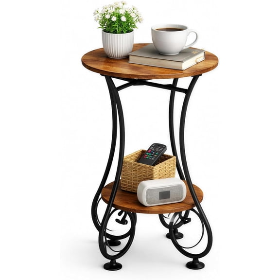 Small Round Side Table with Lower Shelf for Small Spaces, Compact End Table for Sofa, Bedside Nightstand, Coffee & Drink Table for Living Room, Bedroom, Balcony