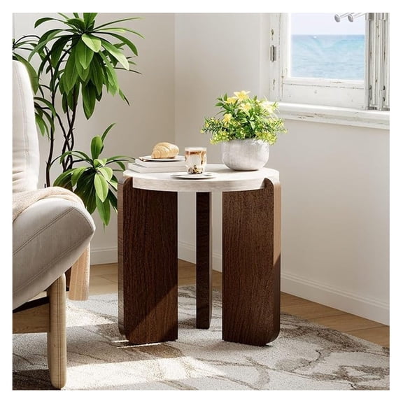 Small Round Side Table, Modern 3-Leg Accent End Table with Faux Marble Wood Top and Wood-Like Legs, Nightstand for Living Room, Bedroom, Office, Cream White & Dark Brown,17.7Dia. x 18.9H