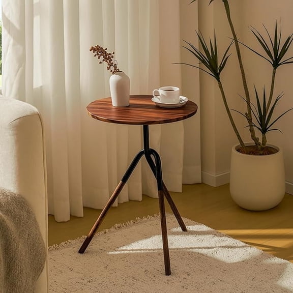 Small Round Side Table, Modern Solid Wood End Table with FSC Certified Wood & Knotted Metal Frame, Small Accent Couch Sofa Side Table for Living Room Bedroom, Walnut