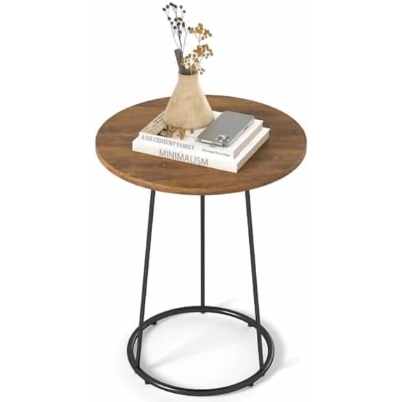 Small Round Side Table, Rustic Brown Wood Accent Table with Metal Frame, Modern Farmhouse Bedside Nightstand for Bedroom and Office, Compact Furniture for Small Spaces$$Furniture