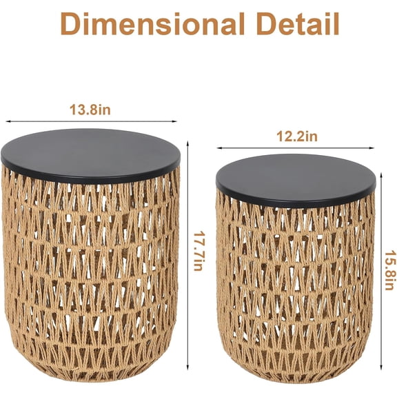 Small Round Side Table Set of 2 with Dimming Light and Remote Control, Rattan End Tables for Living Room Bedroom